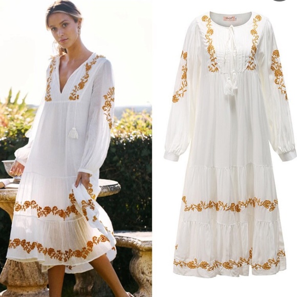 Anthropologie Dresses & Skirts - Anthropologie Mo Huan Yi Chu V-Neck Embroidered Boho MIDI Dress Size Large